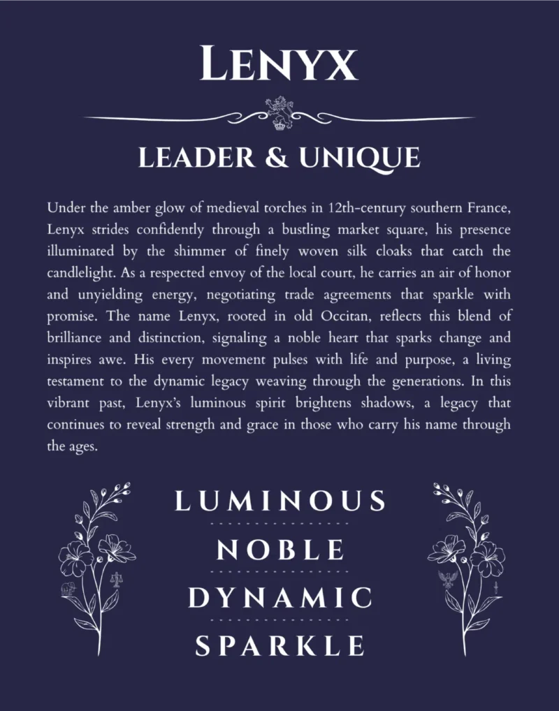 Lenyx name origin print with meaning and traits in navy blue