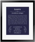 Lenyx name origin print with meaning and traits in navy blue with black matte frame