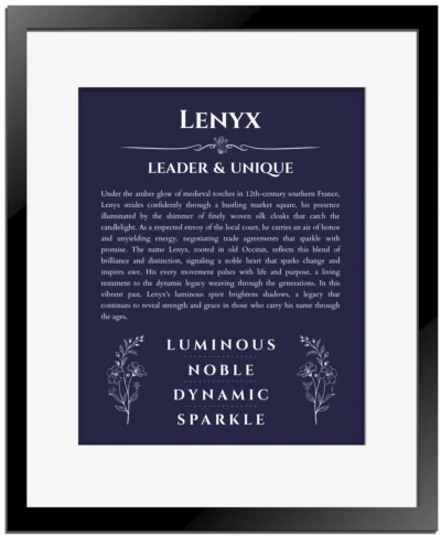 Lenyx name origin print with meaning and traits in navy blue with black matte frame