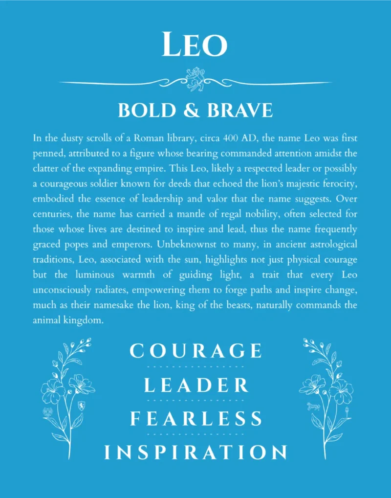 Leo custom name art showing meaning and origin in blue