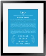 Leo custom name art showing meaning and origin in blue with black matte frame