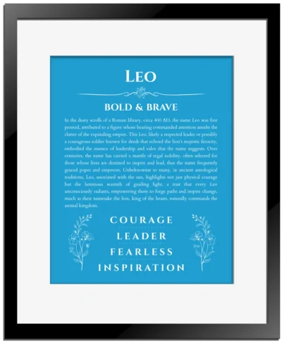 Leo custom name art showing meaning and origin in blue with black matte frame