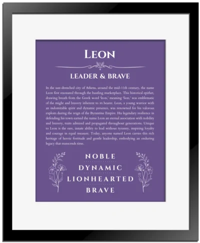 Leon custom name print for wall display in purple with black matte frame