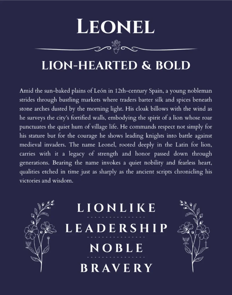 Leonel custom name art showing meaning and origin in navy blue