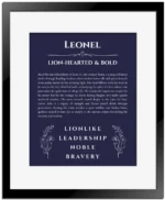 Leonel custom name art showing meaning and origin in navy blue with black matte frame