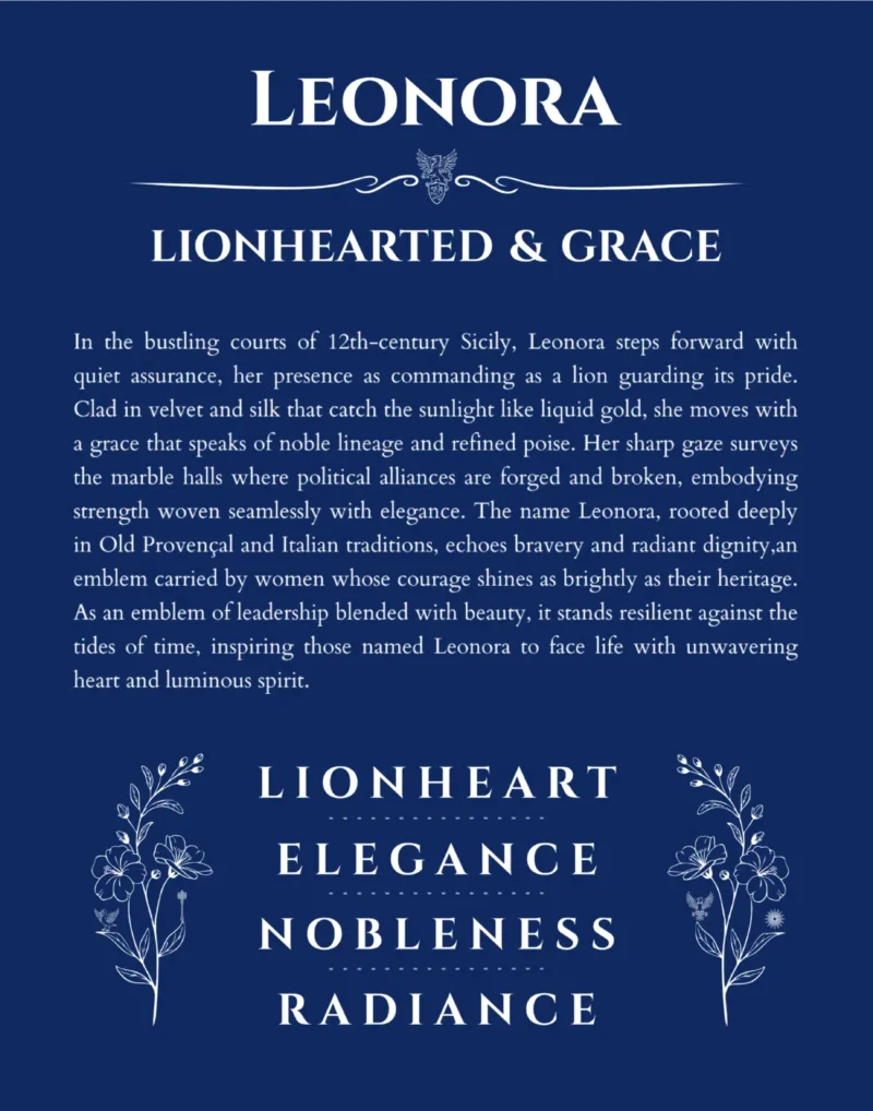 Leonora name origin print with meaning and traits in deep blue