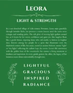 Leora personalized name print with origin and traits in dark green