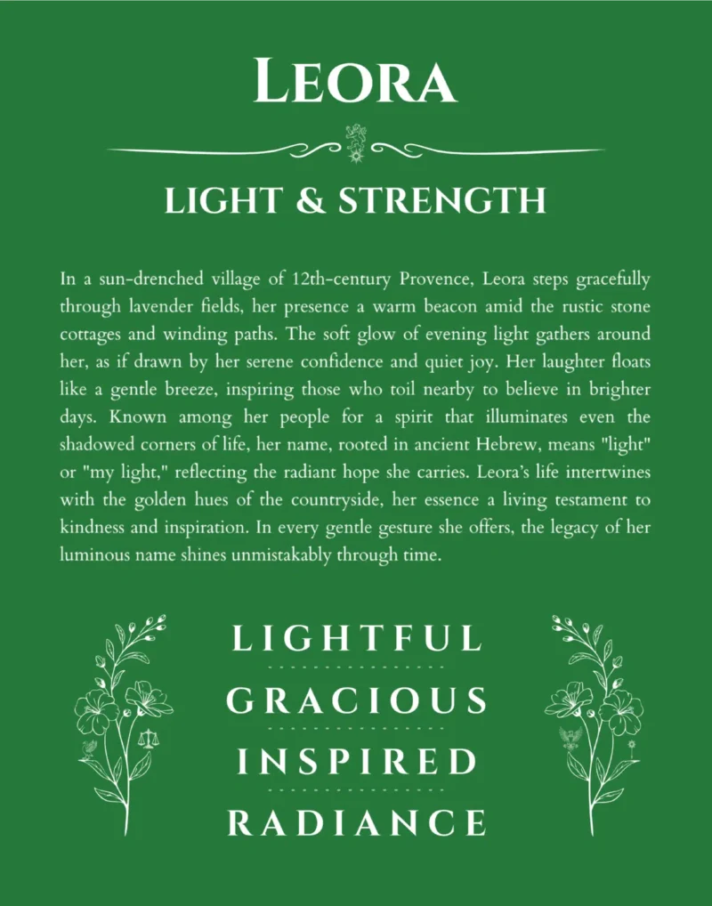 Leora personalized name print with origin and traits in dark green