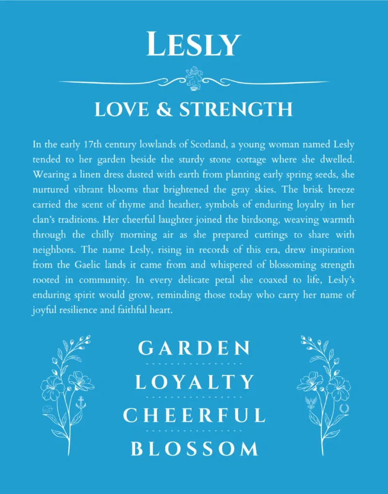 Lesly personalized name art with origin story in blue