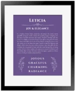 Leticia personalized wall art with the story of your name in purple with black matte frame