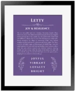 Letty name meaning gift print in purple with black matte frame