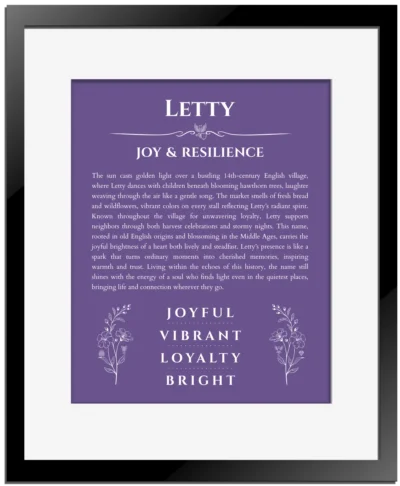Letty name meaning gift print in purple with black matte frame