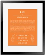 Lev personalized name meaning print in orange with black matte frame