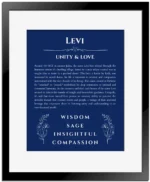 Levi custom name meaning print in deep blue with black matte frame