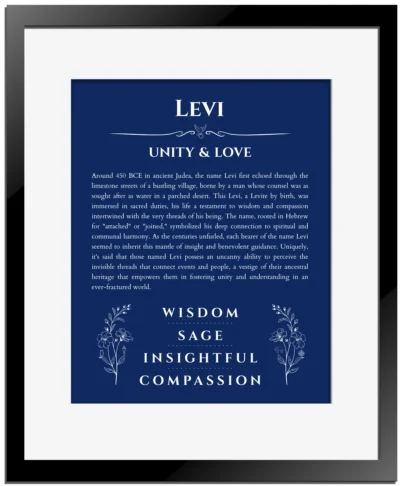 Levi custom name meaning print in deep blue with black matte frame