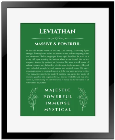 Leviathan custom name art showing meaning and origin in dark green with black matte frame