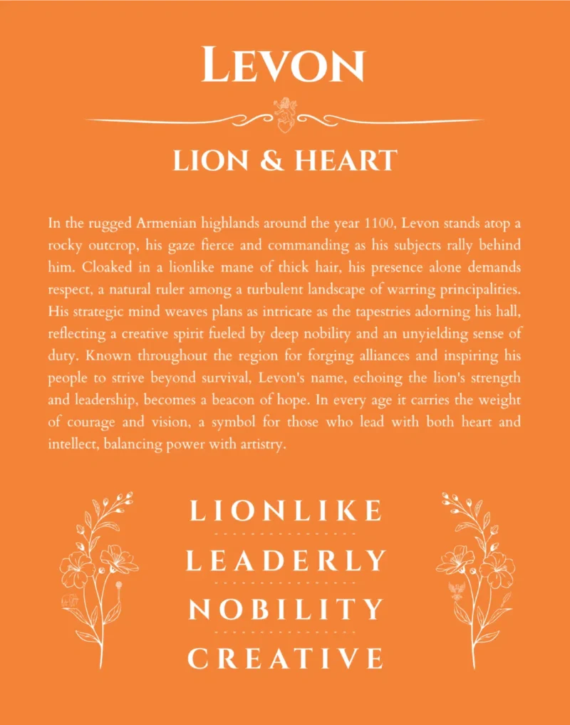 Levon custom name art showing meaning and origin in orange