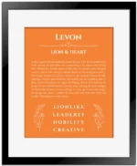 Levon custom name art showing meaning and origin in orange with black matte frame