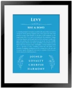 Levy personalized name meaning print in blue with black matte frame