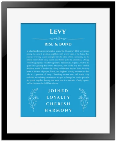 Levy personalized name meaning print in blue with black matte frame