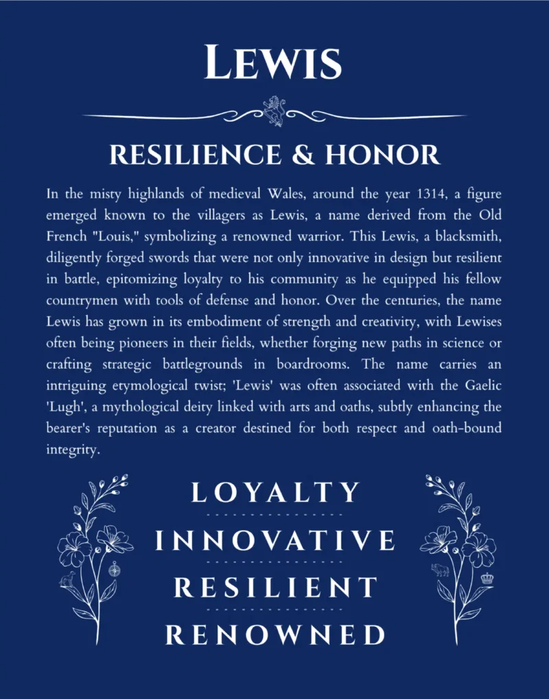 Lewis name origin print with meaning and traits in deep blue