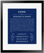 Lewis name origin print with meaning and traits in deep blue with black matte frame