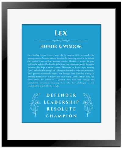 Lex personalized name meaning print in blue with black matte frame