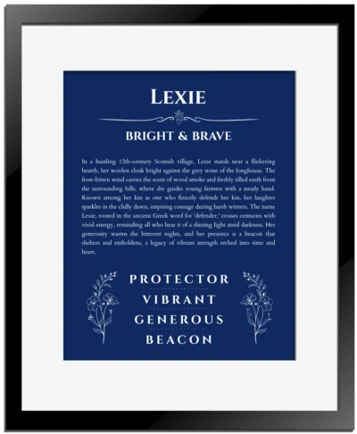 Lexie custom name meaning print in deep blue with black matte frame