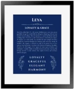 Leya personalized name print with origin and traits in deep blue with black matte frame