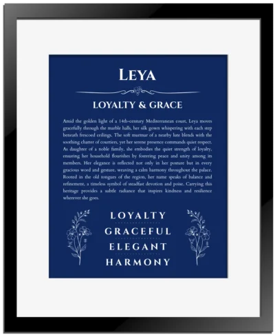 Leya personalized name print with origin and traits in deep blue with black matte frame