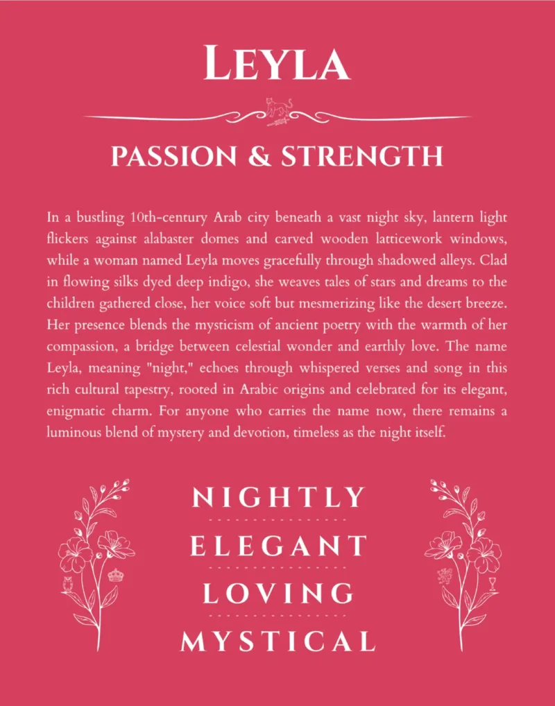 Leyla personalized name art with origin story in red