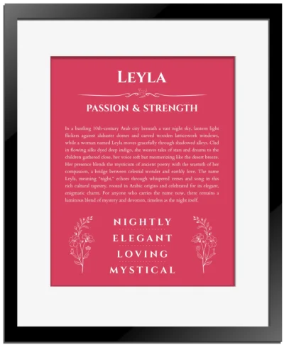Leyla personalized name art with origin story in red with black matte frame