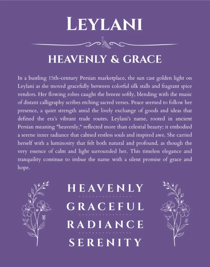 Leylani personalized name art with origin story in purple