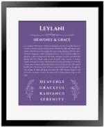 Leylani personalized name art with origin story in purple with black matte frame