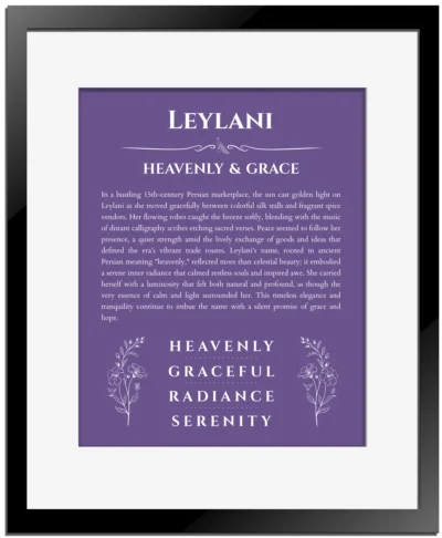 Leylani personalized name art with origin story in purple with black matte frame