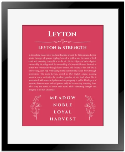 Leyton name origin print with meaning and traits in red with black matte frame