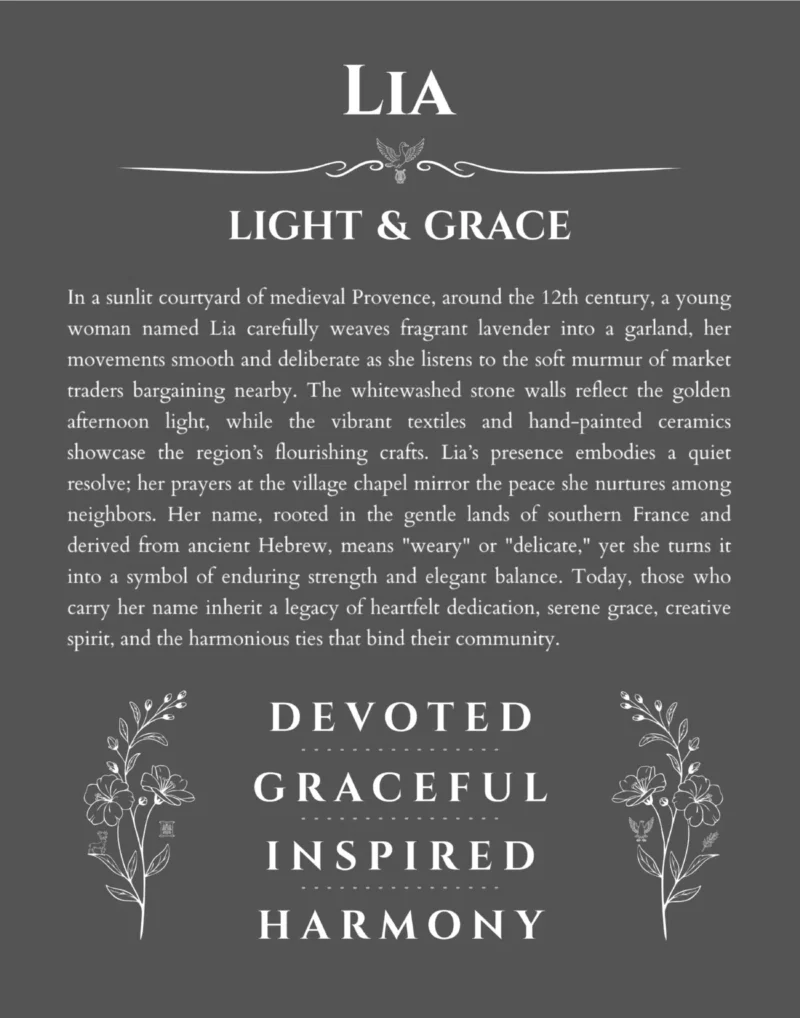 Lia custom name art showing meaning and origin in gray