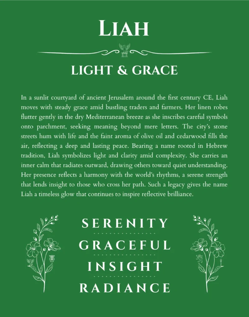 Liah personalized name art with origin story in dark green