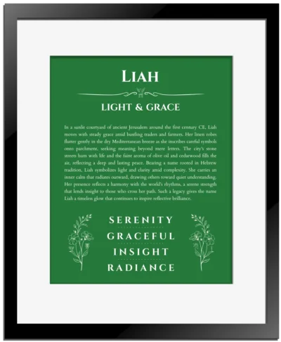 Liah personalized name art with origin story in dark green with black matte frame