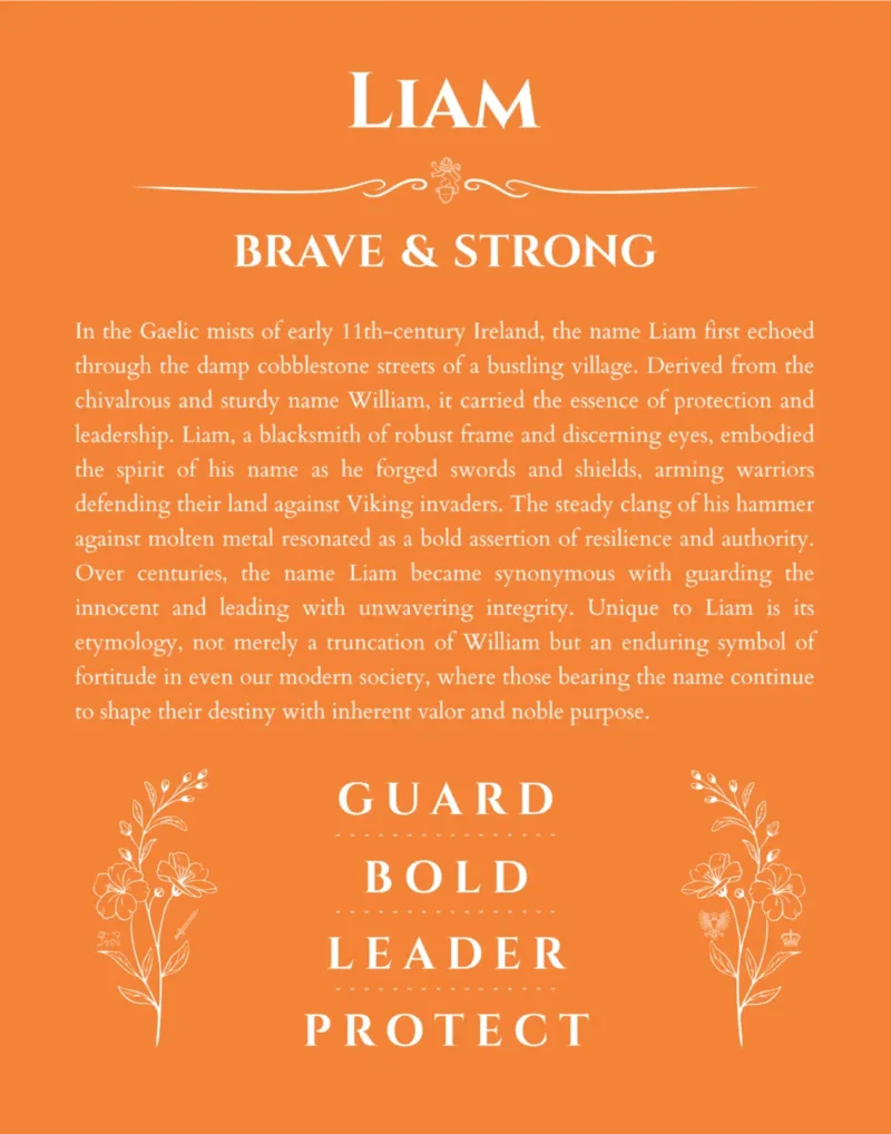 Liam name origin print with meaning and traits in orange
