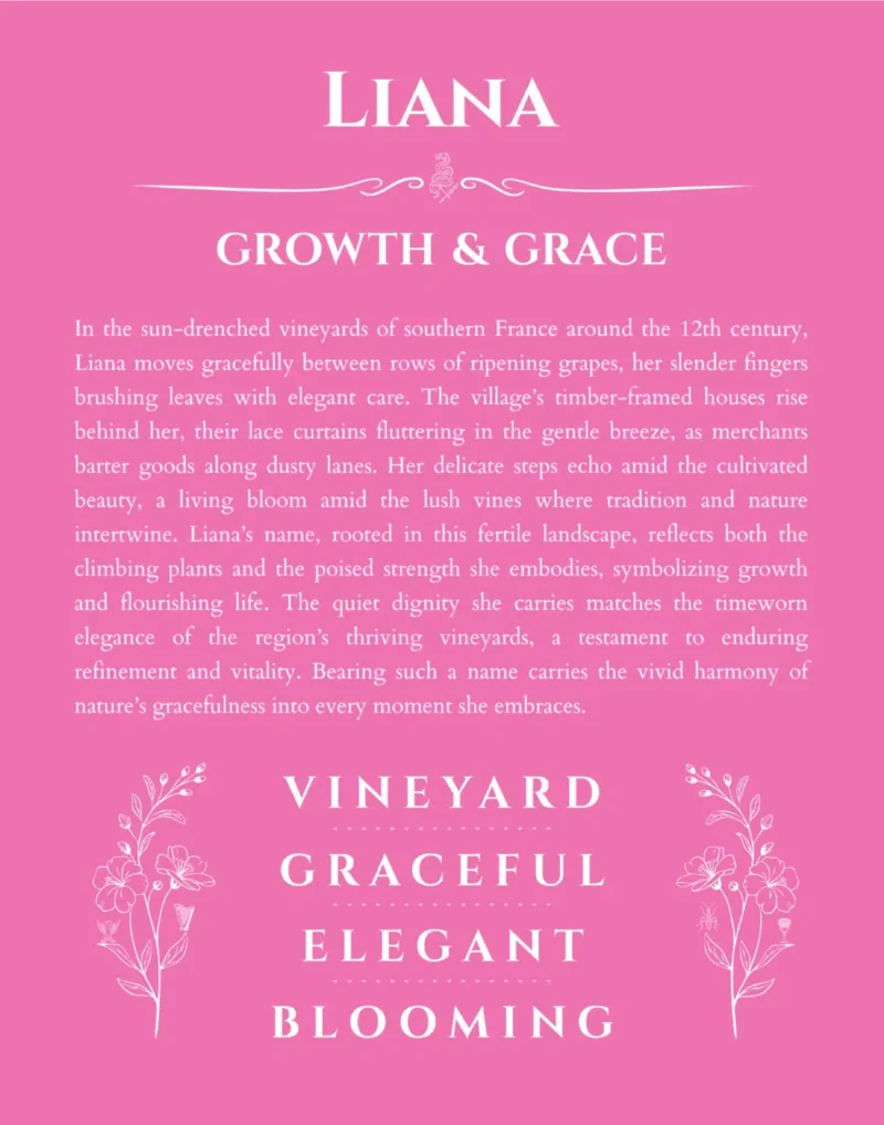 Liana name origin print with meaning and traits in pink