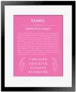 Liana name origin print with meaning and traits in pink with black matte frame