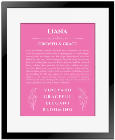 Liana name origin print with meaning and traits in pink with black matte frame
