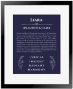Liara personalized wall art with the story of your name in navy blue with black matte frame