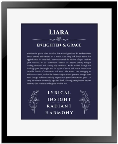 Liara personalized wall art with the story of your name in navy blue with black matte frame