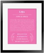 Liba personalized wall art with the story of your name in pink with black matte frame