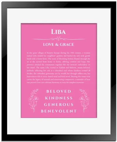 Liba personalized wall art with the story of your name in pink with black matte frame