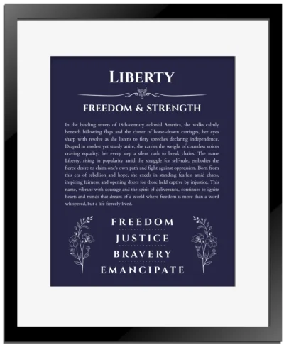 Liberty name meaning gift print in navy blue with black matte frame