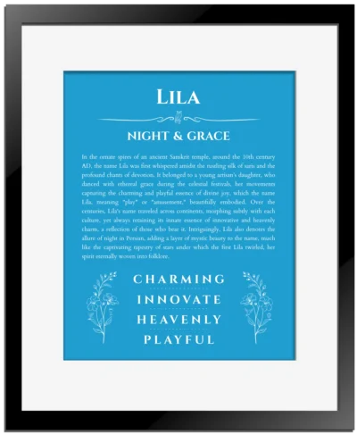Lila custom name meaning print in blue with black matte frame