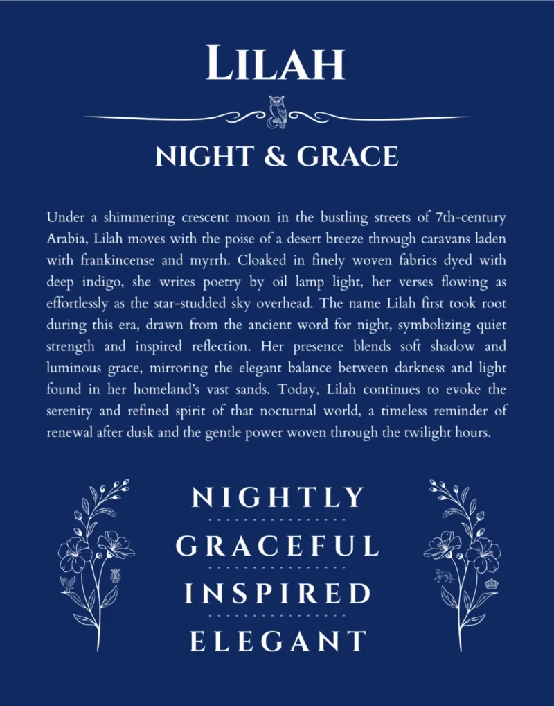 Lilah personalized name art with origin story in deep blue